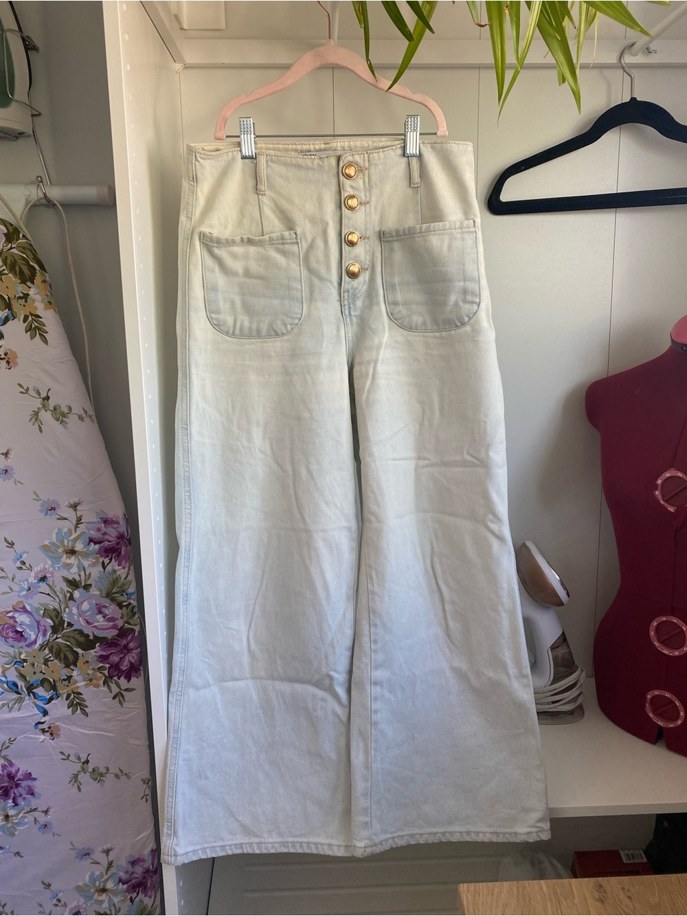 Zara Denim Light Wash Sailor Jeans with Gold-Tone Button Front